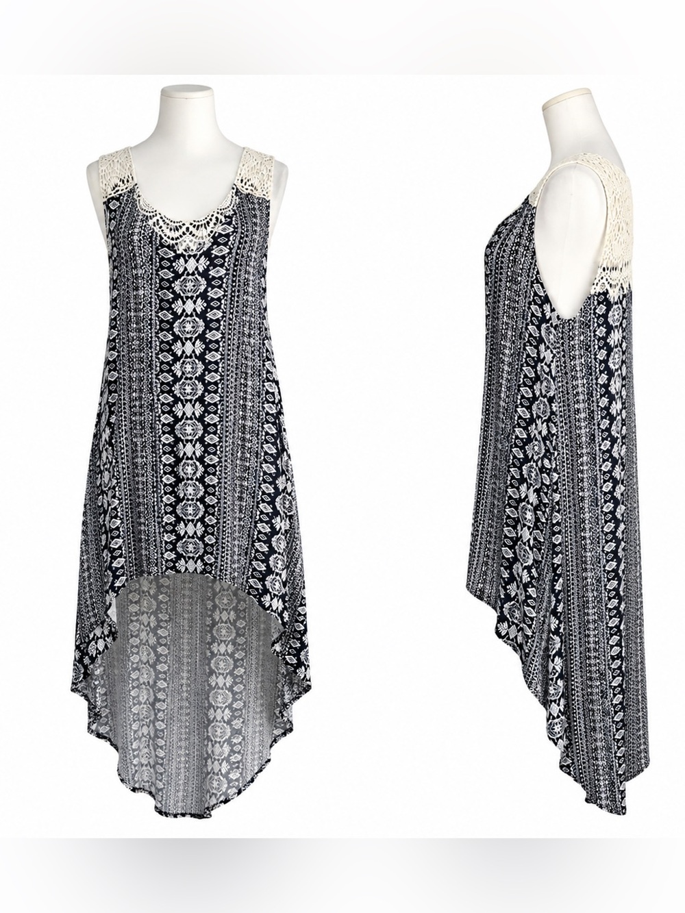 Red Ranch Crochet Yoke High Low Boho Western Dress Medium Black White - medium
